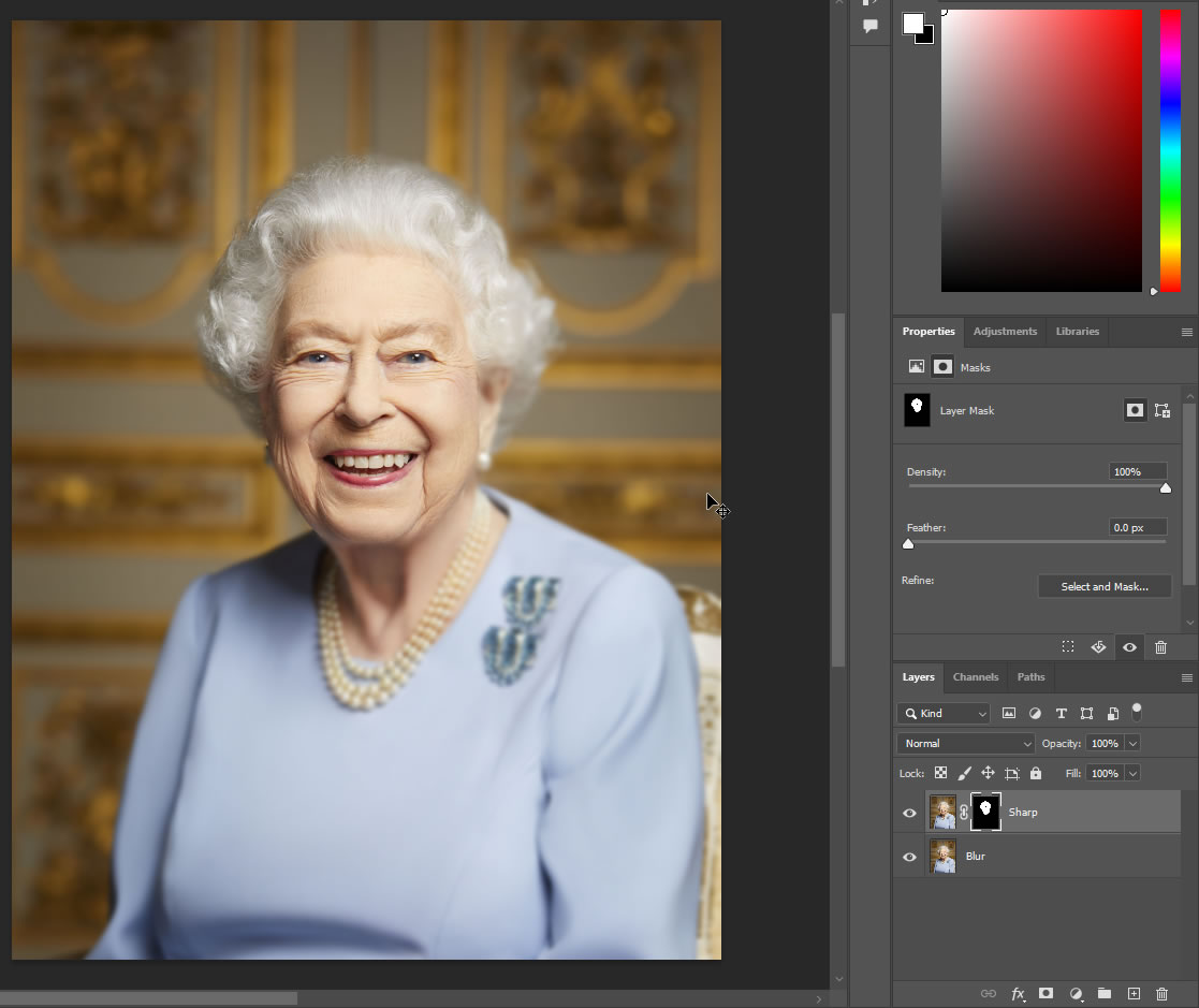 A portrait of the Queen of England, with a more exaggerated blur in the background.